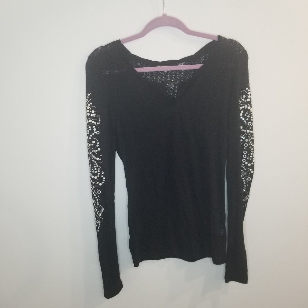 Miss Me Long Sleeve Black Top with Beaded Sleeves sz Medium